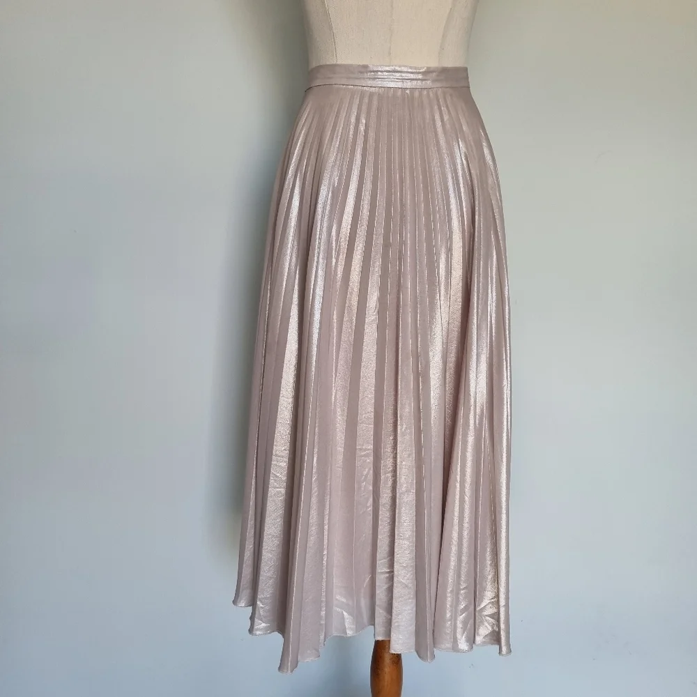 Forever New Metallic Beige Pleated Midi Skirt fits Size 14 - Picture 4 of 9